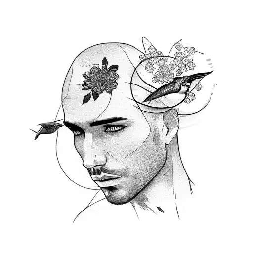 A Male Face Sketch With Delicate Flowers And A Hummingbird Kissing The Cheek