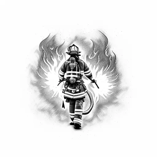 A Firefighter Heroically Battling Flames In A Blackwork Style