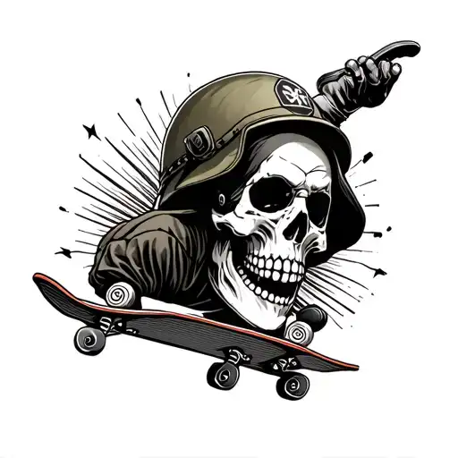 Skull Wearing A Military Helmet Doing A Kickflip On A Skateboard