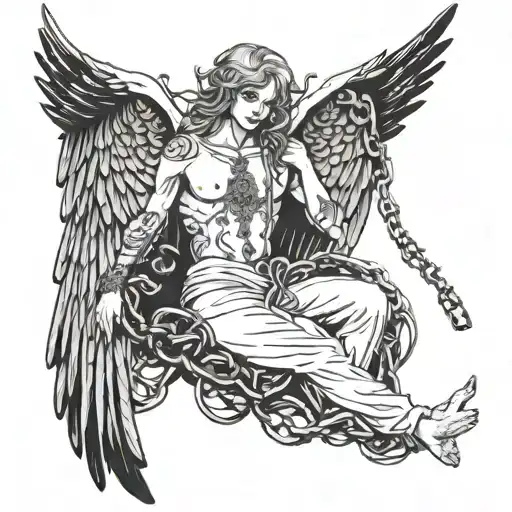 Floating Angel With Wings With Chains Hanging With Pendants At The End Wrapped Around Arms And Legs