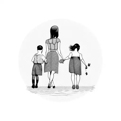 A Blackwork Silhouette Of A Mother Holding Hands With Her Four Children