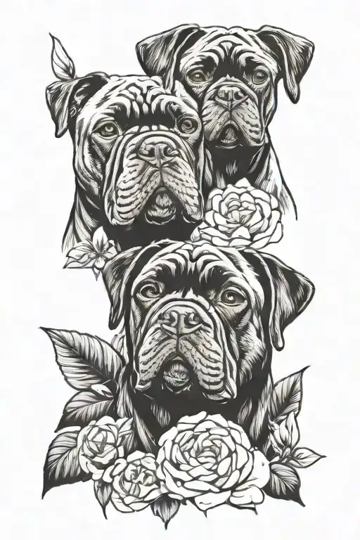Cane Corso Dog And Pekingese Dog Portraits Surrounded By Flowers