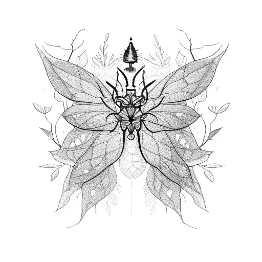 A Detailed Blackwork Tattoo Of A Mystical Forest With Insects Hidden Among The Trees