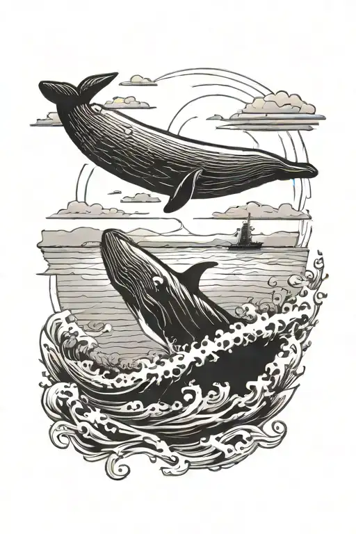 Whale Jumping Out Of Water In Sunset Old Boat In Horizon Bird In The Sky