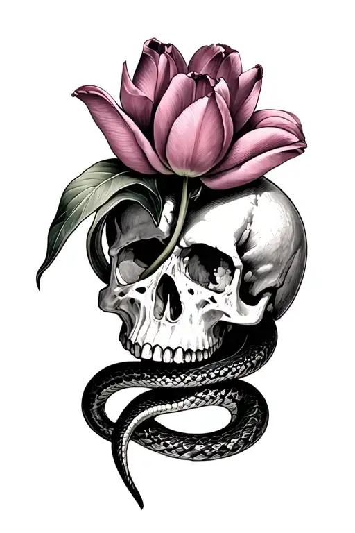 A Tulip Growing From A Skull And A Snake In The Skull's Eye Socket