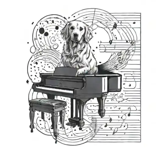 A Tattoo Design Combining A Golden Retriever And A Piano In A Cosmic Space Setting