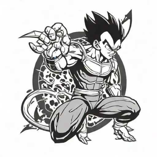 Integrate Majin Vegeta's Signature Pose With Subtle Gun Silhouettes In The Background