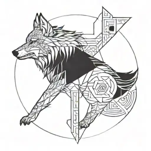 A Geometric Wolf Design Incorporating Runic Symbols