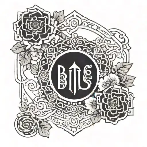 A Blackwork Tattoo Of A Bts Logo With Intricate Floral Patterns Incorporated Into The Design
