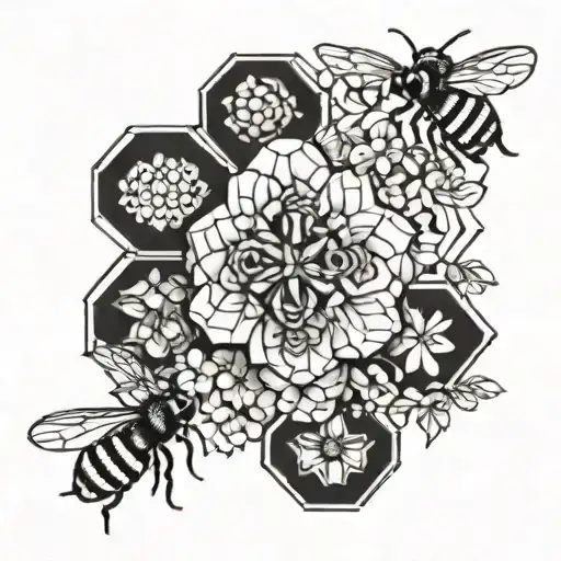 A Blackwork Tattoo Of Geometric Shapes Forming A Floral Pattern With Bees Hidden Within