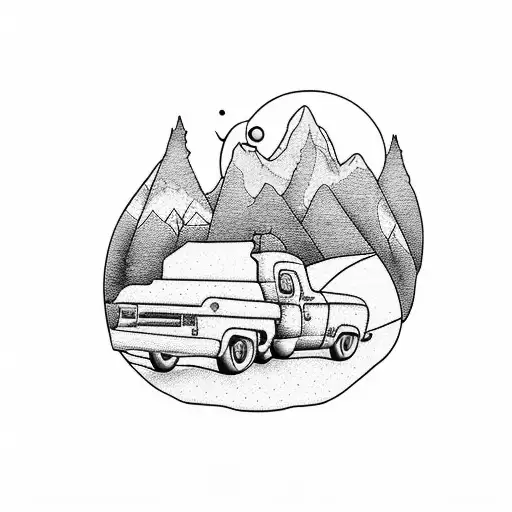 Mountain With Pick Up Truck And Bike With Night Moon And Tress