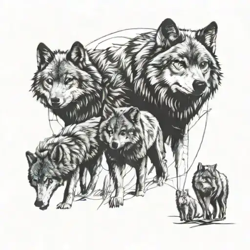 Wolf Pack 2 Adults 3 Cubs Wood