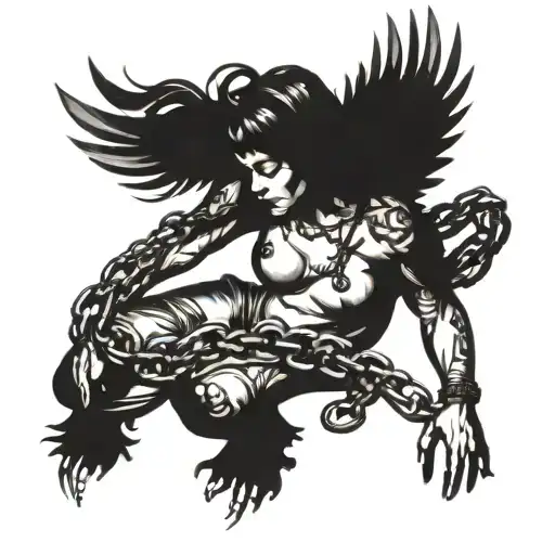 Female Angel Dragging A Seperate Chain Wrapped Around Each Arm And Leg Resembling 4 Big Necklace's