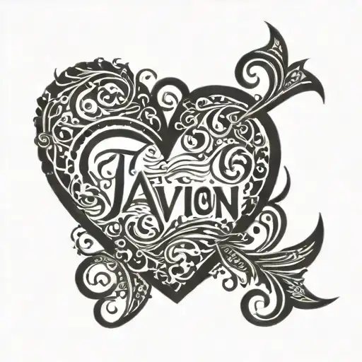 A Stylized Heart With Intricate Blackwork Designs Surrounding The Name 'Tavion' In Elegant Script