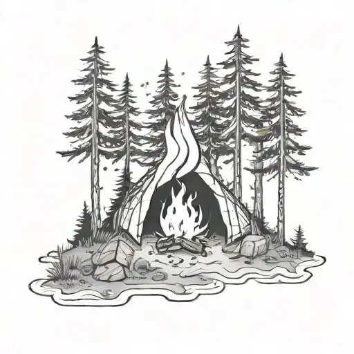 Forest With A Campfire Surrounded By Trees