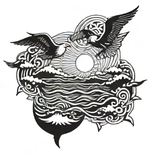 A Chainmaille Sunburst Design With Ocean Waves And Seagulls In Flight