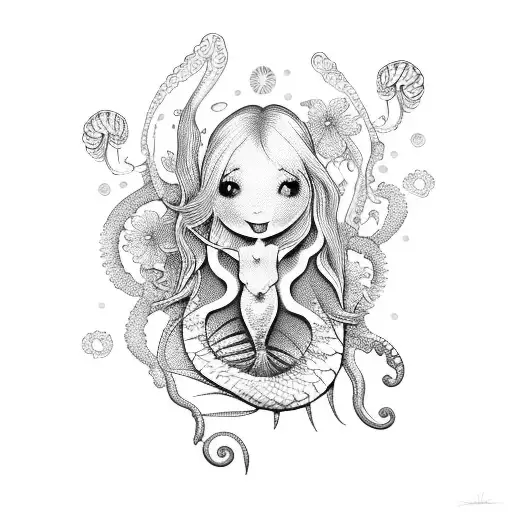 Mermaid And Jelly Fish With Flowers