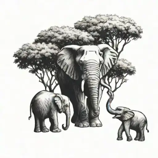 An Elephant Family Playing Video Games Together Under A Tree