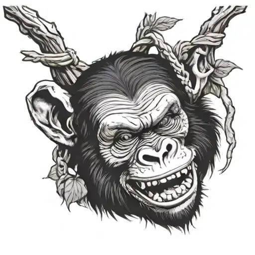 Chimpance Laughing While Hanging Of A Tree