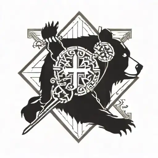 A Stylized Blackwork Tattoo Of A Bear Holding A Christian Cross