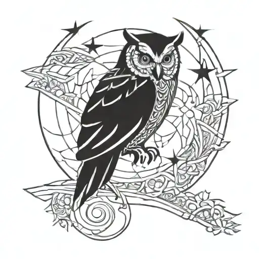 An Owl Perched On A Crescent Moon With Geometric Patterns Interwoven Into Its Feathers