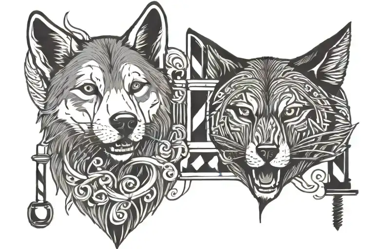 A Tattoo Design Featuring A Barber Pole Intertwined With Animal Silhouettes Like Wolves Or Birds