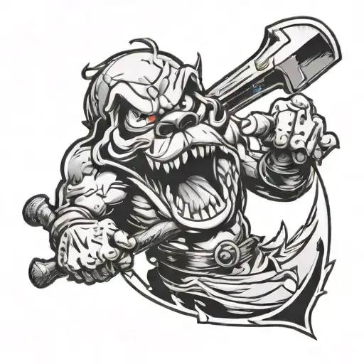 A Fierce And Menacing Pluto From Disney Holding A Battle Axe In His Teeth