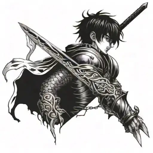 A Detailed Blackwork Tattoo Featuring Guts From Berserk Wielding His Iconic Sword