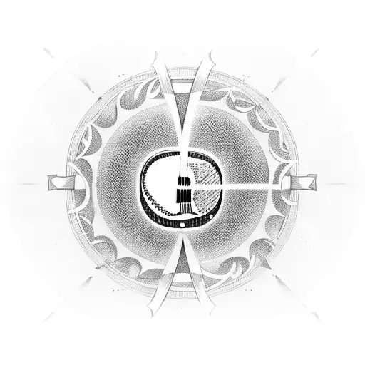 A Blackwork Tattoo Of A Guitar With A Cross As The Sound Hole