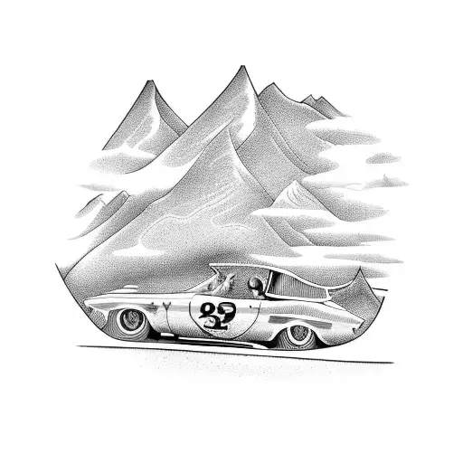 A Detailed Tattoo Of A Vintage Car Racing Through A Mountainous Landscape