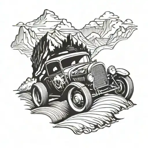 A Detailed Blackwork Tattoo Of A Vintage Hot Rod Speeding Through A Mountain Landscape