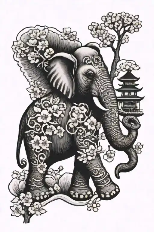 Elephant With Japanese Temple And Cherry Blossoms