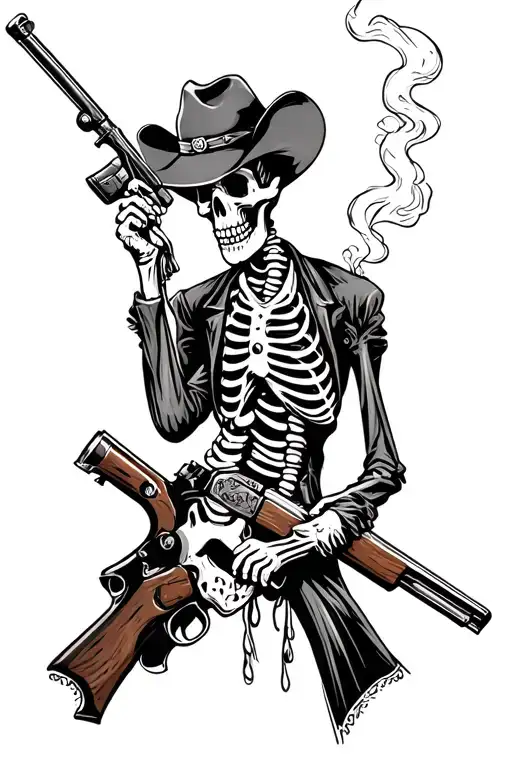 Western Cowboy Skeleton Holding Smoking Lever Action Rifle