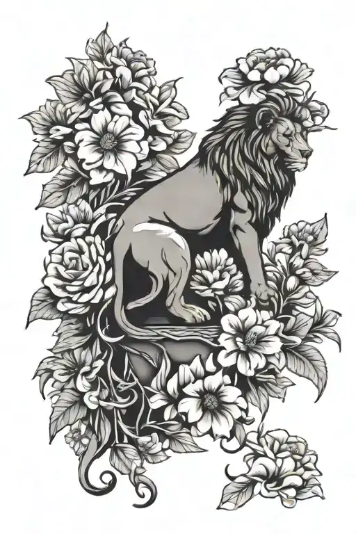 Lion Statue With Morning Glory And Aster Flowers