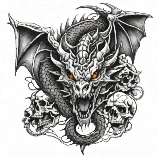 Forarm With An Emo Tattoo Design Of A Dragon And Skulls