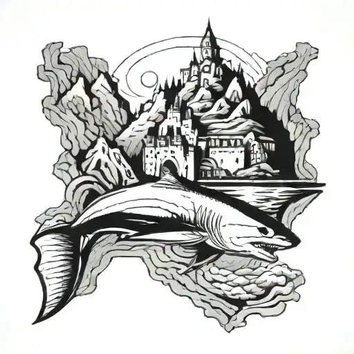 Shark And A Castle Overlooking Mountains