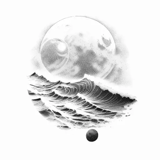 A Black-grey Tattoo Showcasing A Serene Beach With Crashing Waves Under A Beautiful Moonlit Sky