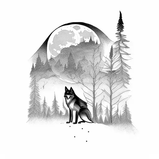 Tattoo Sleeve With Wolf Standing At Lake In Front Of A Forest With A Full Moon In The Sky