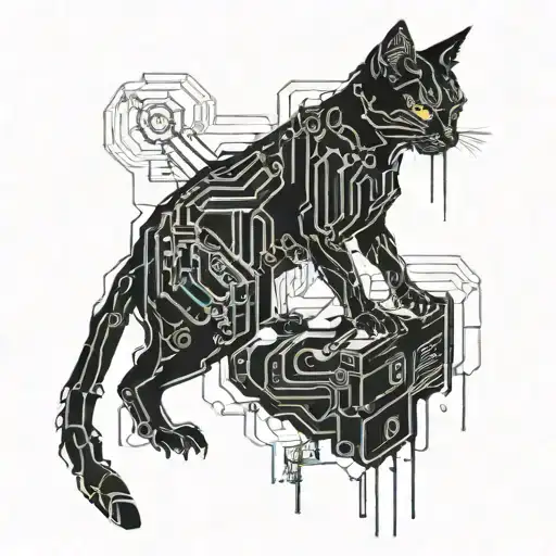 A Cyberpunk Inspired Tattoo Featuring A Biomechanical Cat With Neon Lights And Circuit Patterns