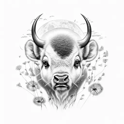 Little Buffalo In Dandelion Field Under Moon