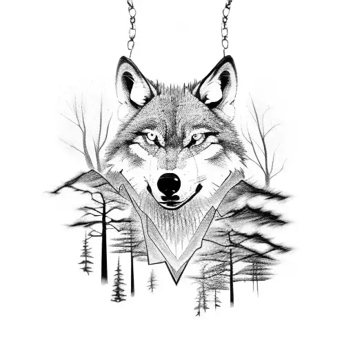 Lone Wolf With Broken Chains Going Thru A Dark Forest