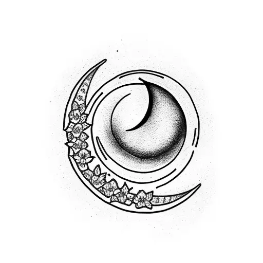 A Minimalist Tattoo Of A Crescent Moon Surrounded By Blooming Flowers