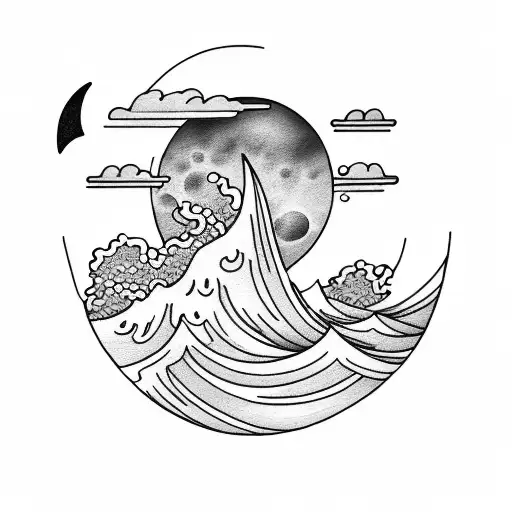 A Black-grey Tattoo Showcasing A Serene Beach With Crashing Waves Under A Beautiful Moonlit Sky