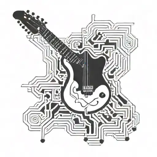 A Minimalist Tattoo Of An Electric Guitar With Coding Symbols As The Strings