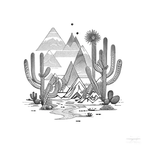 A Mystical Pisces Zodiac Symbol With Intertwined With Desert Cacti And Mountains