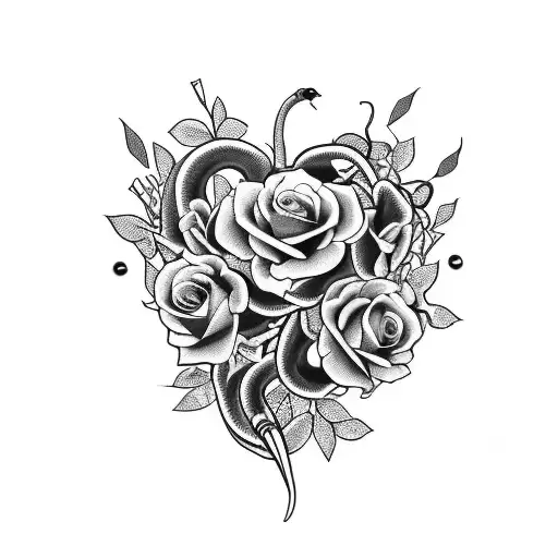 A Heart-shaped Bouquet Of Flowers With A Snake Wrapping Around It