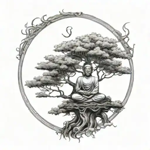 A Serene Forest Scene With A Peaceful Buddha Meditating Under A Tree