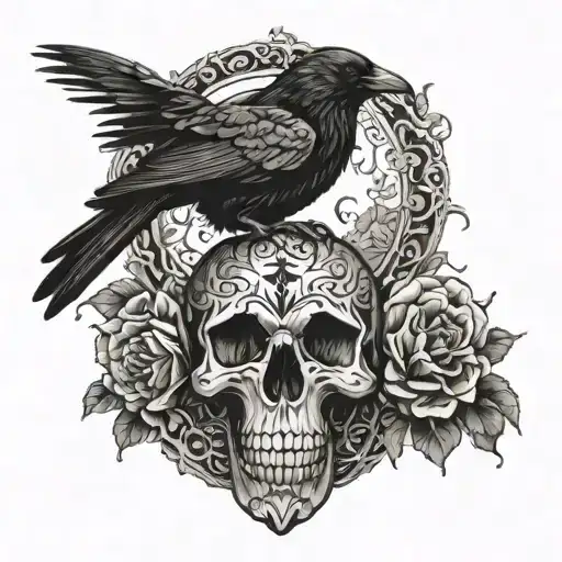A Raven Perched On A Skull With Intricate Patterns