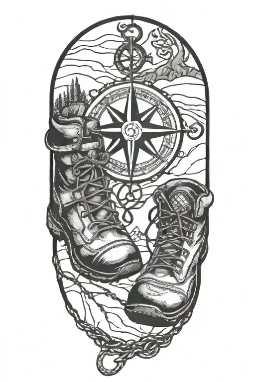 A Blackwork Tattoo Of A Compass Rose With Hiking Boots And Military Dog Tags Intertwined