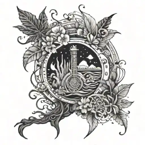 A Psychedelic Music-themed Tattoo Incorporating Elements Of Nature And The Sea